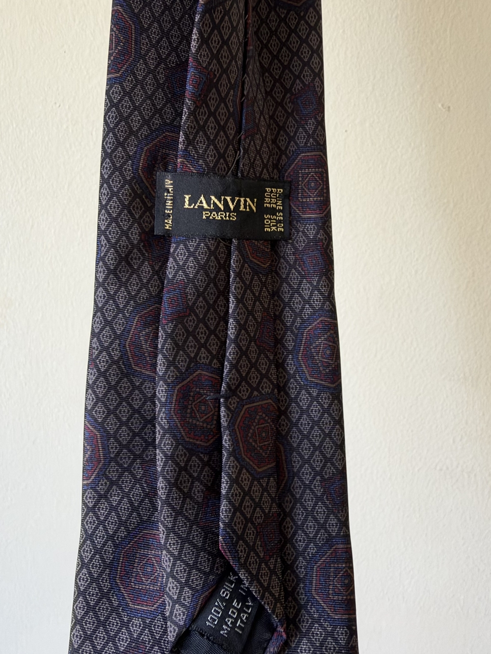 Lanvin Navy Silk Tie with Blue and Red Medallions